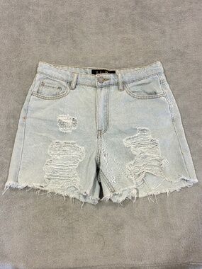 Mid-Length Distressed Light Wash Denim Shorts Size 7/27